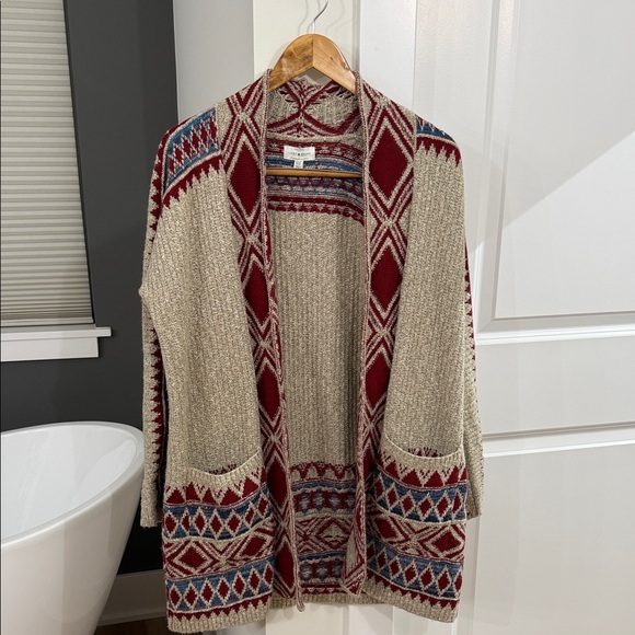 Lucky Brand Sweaters - Lucky Brand Beige and Red Geometric Cardigan